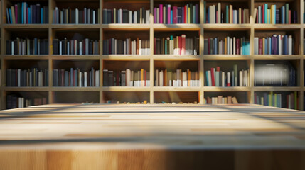 Poster - Empty wooden desk space platform with library background for product display montage Education concept : Generative AI