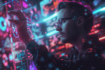 Poster - A man wearing glasses is looking at a screen that says ' 00 ' on it