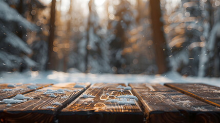 Poster - The empty wooden dark brown rustic table top with blur background of winter forest in finland Exuberant image : Generative AI