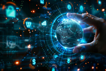Poster - A hand is holding a glowing globe with icons around it