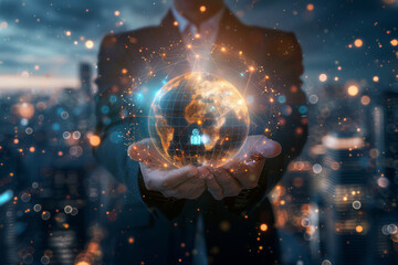 Poster - A man in a suit is holding a glowing globe in his hands