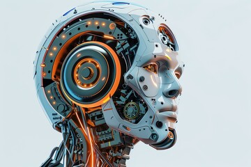 Poster - a detailed 3d rendering of an ai robot head with intricate orange wires against a white background. 