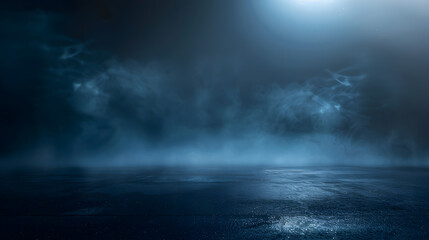 Poster - A dark empty street dark blue background an empty dark scene neon light spotlights The asphalt floor and studio room with smoke float up the interior texture night view : Generative AI