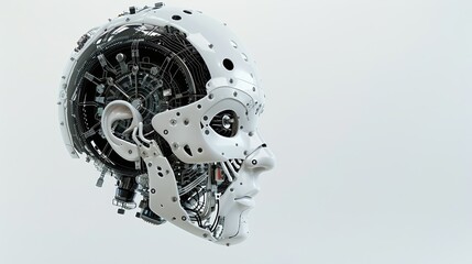 Wall Mural - A robotic head of an AI Artificial Intelligence with a digital brain engine inside, isolated on a white background. This 3D rendering showcases modern technology and innovation. Generative AI