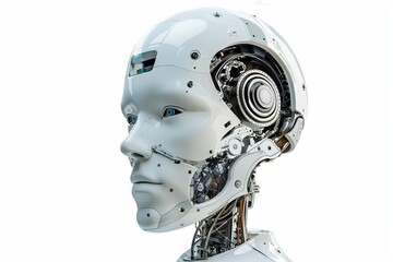 Poster - a white robot head with gears on it, showcasing the integration of mechanical elements in artificial
