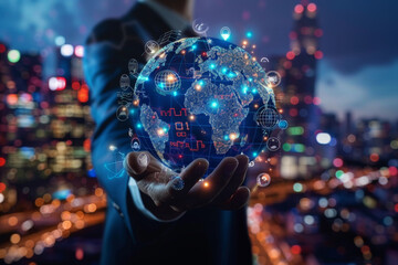 Poster - A man in a suit holds a glowing globe in his hands