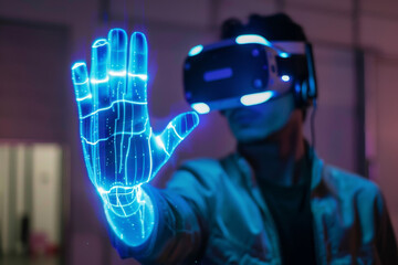 Poster - A man wearing a virtual reality headset holds up his hand