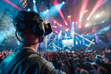 Poster - A man wearing headphones looks at a crowd at a concert