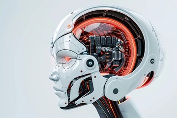 Poster - a 3d rendering of an ai robots head with a red light emitting from it, showcasing the digital graphi