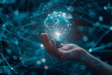 Poster - A hand is holding a light bulb with a glowing sphere coming out of it