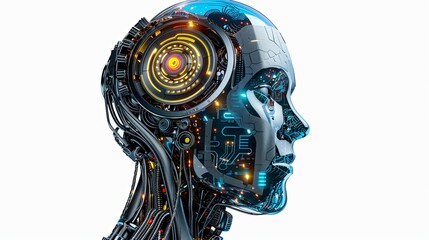 Leinwandbilder - The head of an AI artificial intelligence robot is featured with a digital brain engine inside, set against a white background. Generative AI