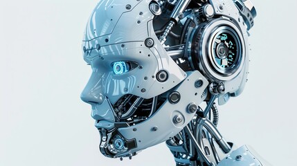 Poster - Close-up view of a robot head with glowing blue eyes, showcasing AI technology and digital brain engine inside, isolated on a white background. Generative AI