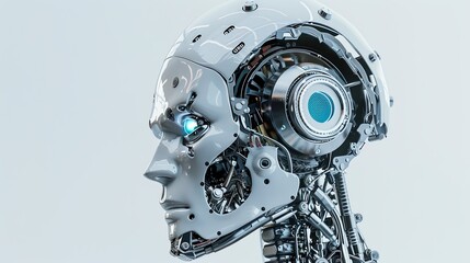 Leinwandbilder - A robot head with blue eyes and a digital graphic brain engine inside, isolated on a white background. 3D rendering. Generative AI