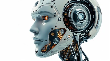 Leinwandbilder - Detailed view of an AI robot head with a digital graphic brain engine inside, isolated on a white background. Generative AI