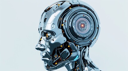 Leinwandbilder - A 3D rendering of an AI robot head with a metal skull and a digital graphic brain engine, isolated on a white background. Generative AI