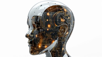 Leinwandbilder - The head of an AI robot with intricate circuitry on a white background, featuring a digital graphic brain engine. Generative AI
