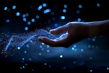Poster - A person 's hand is reaching out towards a blue light
