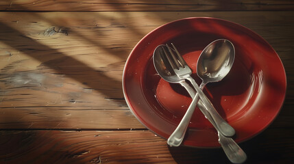 Leinwandbilder - Empty plate with spoon and fork on wooden background : Generative AI