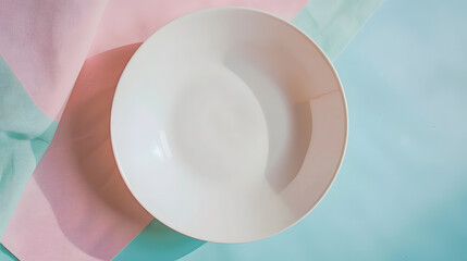 Aufkleber - Top view on colored background empty round white plate on tablecloth for food Empty dish on napkin with space for your design : Generative AI