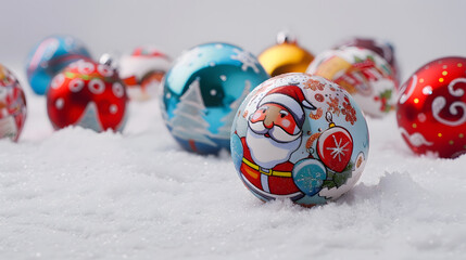 Poster - Group of colorful Christmas ball with drawing of Santa Claus and trees on a white snow background : Generative AI