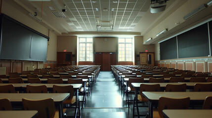 Poster - Wide angle shot of a university classroom with rows of chairs and desks : Generative AI