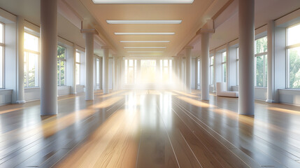 Poster - A spacious empty hall with columns and large windows A gym with wooden floors for yoga and fitness classes Interior design of the fitness center A large room without furniture : Generative AI