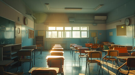 Aufkleber - Interior of an empty school classroom  Quarantine during coronavirus covid19 pandemic outbreak concept : Generative AI