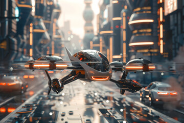 Poster - A futuristic drone is flying over a city street