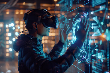 Poster - A man wearing a virtual reality headset is touching a screen