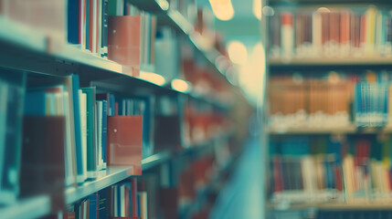 Fototapete - Blurred public library interior space Defocused bookshelves with books  vintage tone Learning and education concept background : Generative AI