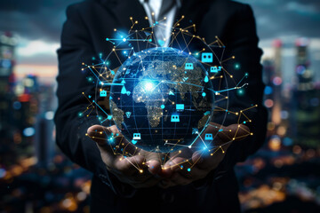 Poster - A man in a suit is holding a globe in his hands