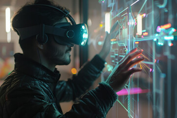 Wall Mural - A man wearing a virtual reality headset is touching a screen