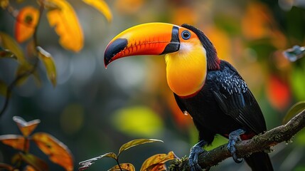 Wall Mural - Bird Toucan sitting on a branch. Toucans with their huge beak colorful blur background.