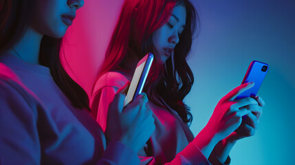 Leinwandbilder - Concept Network messengers Young women couple use phones with hands : Generative AI