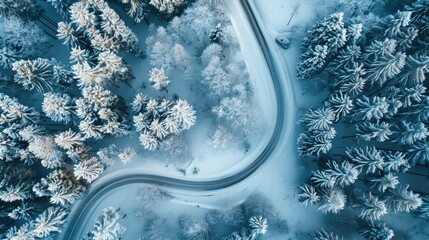 Poster - Traveling along a snow covered road winding through a frozen forest