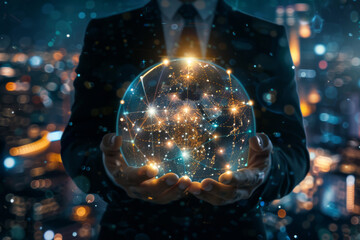 Leinwandbilder - A man in a suit holds a glowing globe in his hands