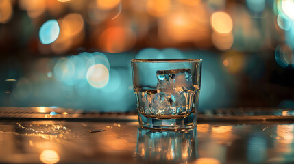 Poster - ice cube in an empty glass on a bar counter in bar or pub : Generative AI