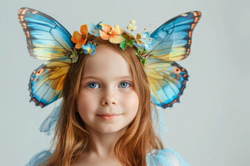 Wall Mural - A shy girl in a butterfly costume, detached from the backdrop, separated from the background, with no background. Concept of innocence and beauty. Generative Ai.