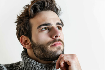 Canvas Print - A man with a contemplative gaze and hand on chin, isolated from the environment, cropped from the background, with no background. Concept of deep thought and contemplation. Generative Ai.