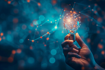 Poster - A hand is holding a light bulb with a glowing light inside of it