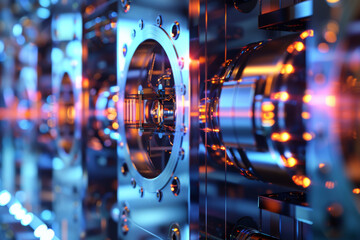 Poster - A close up of a machine with blue and orange lights