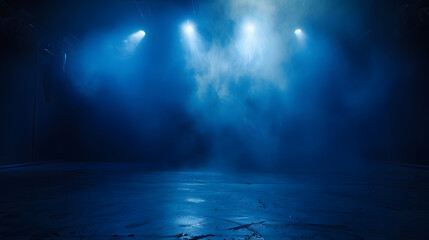 Aufkleber - The dark stage shows empty dark blue scene background neon light and spotlights The asphalt floor and studio room with smoke float up the interior texture for display products : Generative AI