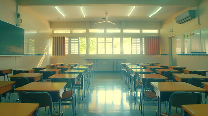 Poster - Lecture room or School empty classroom with desks and chair iron wood for studying lessons in high school thailand interior of secondary education with whiteboard vintage tone educatio : Generative AI