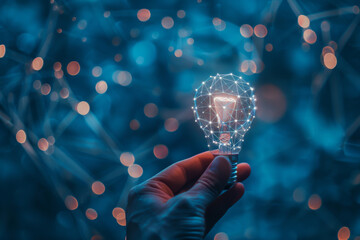 Poster - A hand is holding a light bulb with a blue background
