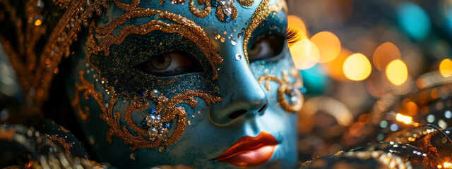 Mardi Gras Banner: Young Woman’s Head with Blue-Gold Glittering Mask, Gold Patterns, and Carmine Lipstick on a Blurred Background
