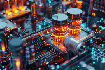 Poster - A computer generated image of a circuit board with a few tubes glowing orange