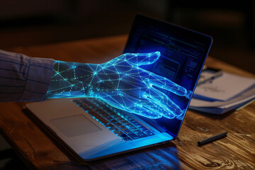 Poster - A person 's hand is projected onto a laptop screen