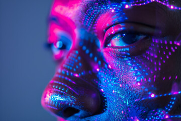 Poster - A close up of a person 's face with blue and purple lights projected on it