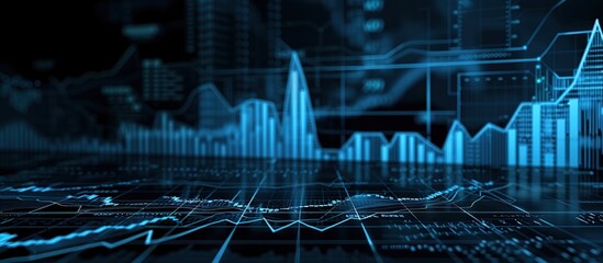 Poster - Digital background with financial charts and graphs on dark backdrop blue background.