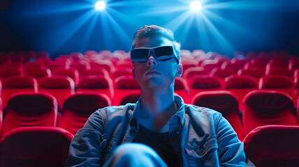 Poster - cinema technology entertainment and people concept  young man with 3d glasses watching movie alone in empty theater auditorium : Generative AI